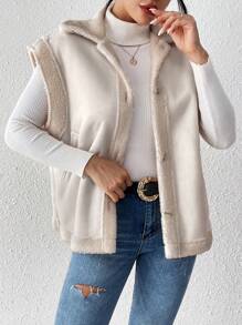 SHEIN Frenchy 1件 Teddy 毛絨內襯釦扣夾克 - 杏色 - 查看 1