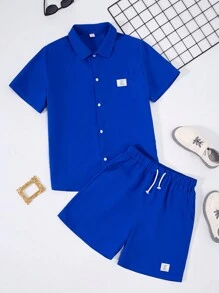 SHEIN Leap Crew 青少年男孩休閒鬆身純色英文編織標籤短袖襯衫和短褲套裝 - 藍色 - 查看 6