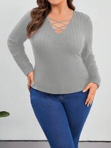 SHEIN Privé Plus Size T-Shirt Cross Strap Ribbed Tee - Grey - View 5