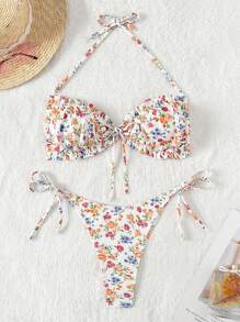 Swim Mod Set Bikini A Fiori Da Donna Con Collo All'americana E Laccetti Intrecciati Sul Collo, Con Particolare In Basso Separati Per Il Carnevale