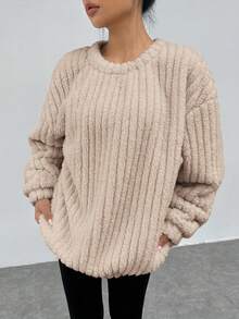 SHEIN EZwear Vòng cổ Thả vai Flannel Áo nỉ - Màu Khaki - Xem 5