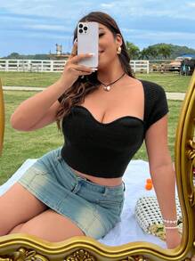 Flirla 時尚簡約性感雞心針織上衣 - 黑色 - 查看 4