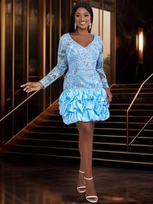 Contrast Sequin Ruffle Trim Cocktail Dress - Blue - View 4