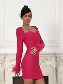 女款新品長袖格紋邊緣緊身繃帶連身裙 - 玫紅色 - 查看 5