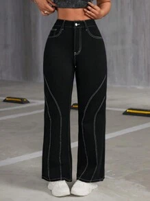 SHEIN ICON 女用撞色縫線高腰寬褲 - 黑色 - 查看 1
