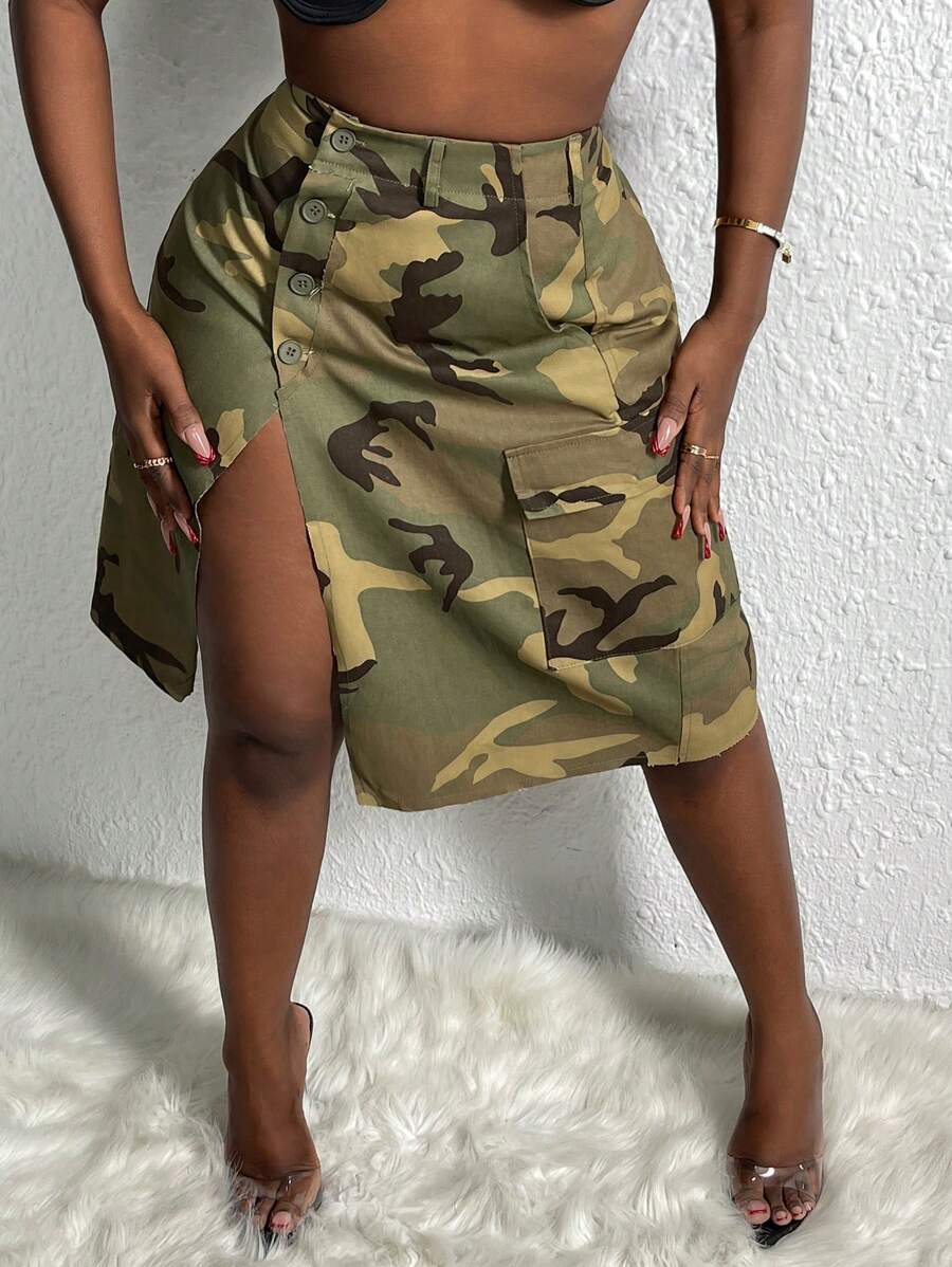 Slaydiva 女士迷彩貨物款不對稱性感扣環包裹開叉裙 - 彩色 - 查看 1