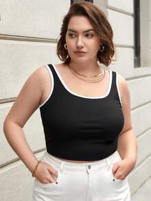 SHEIN Essnce Women'S Plus Size Binding Edges Ribbed Tank Top - Black and White - View 5