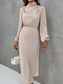 SHEIN Clasi Solid Mock Neck Lantern Sleeve Satin Dress - Pink - View 4