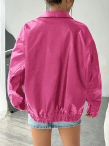 SHEIN EZwear 女性純色拉鍊前夾克 - 玫紅色 - 查看 2