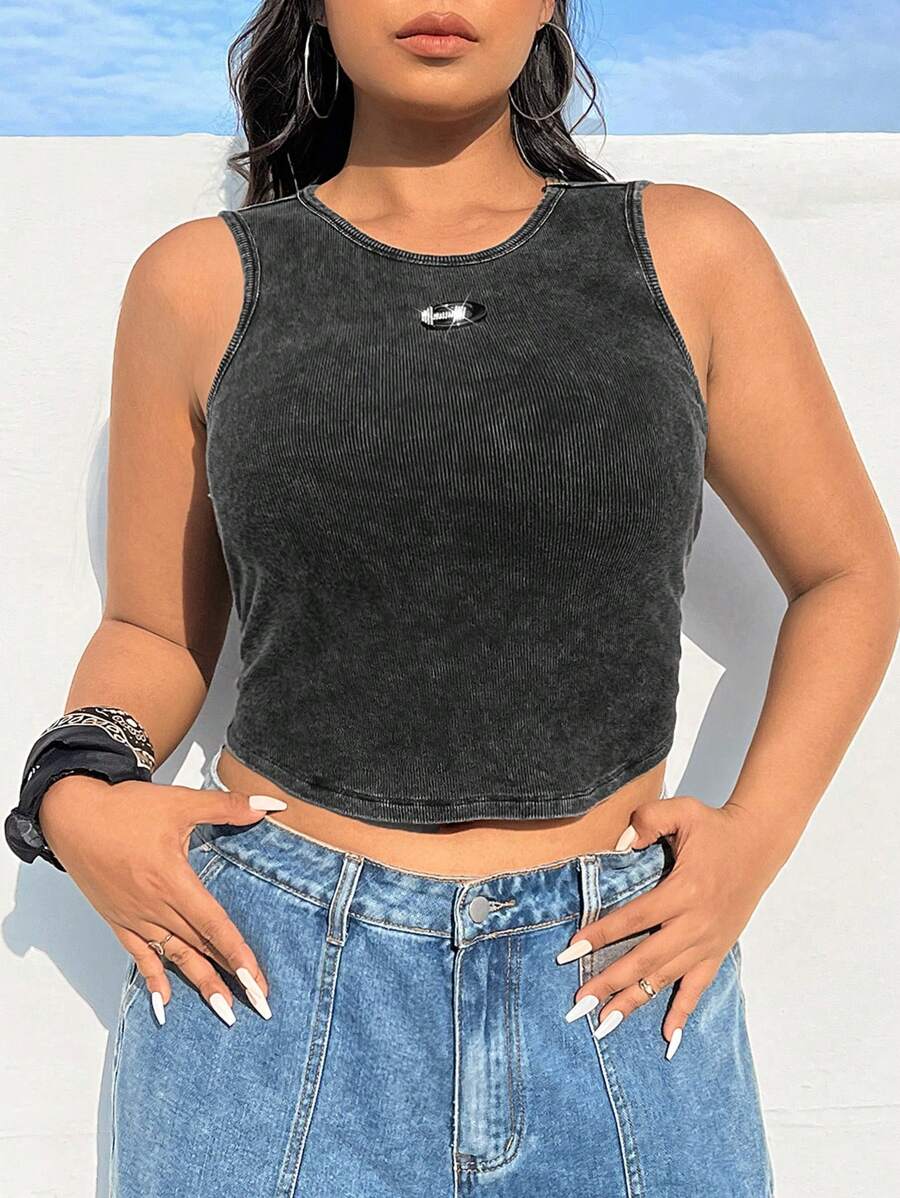 Coolane Women'S Plus Size Metallic Patched Crop Tank Top - Black - View 1