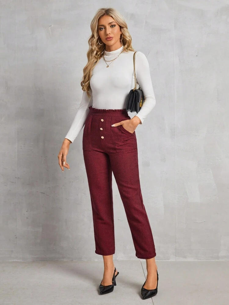 Women'S Paper Bag Waist Solid Color Pants Christmas Winter New Year Red