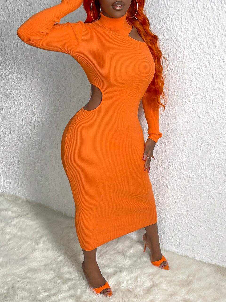 Solid Color High Neck Hollow Out Knitted Sweater Dress