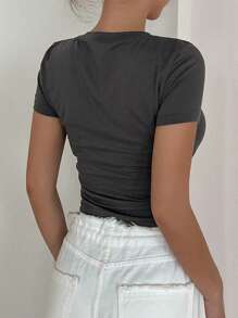 DAZY Của phụ nữ Ngắn Quần skinny Áo thun Với Chi tiết xếp nếp - Màu xám đen - Xem 5