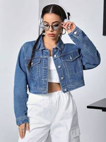 SHEIN EZwear 女士長袖牛仔夾克 - 深色水洗藍 - 查看 4