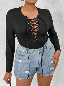 Flirla 大尺碼女用孔眼繫帶長袖 T 卹 - 黑色 - 查看 6