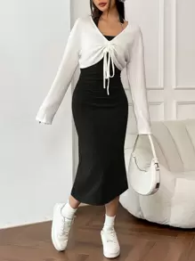 SHEIN EZwear Women's Asymmetrical Shoulder Ruched Dress And Drawstring Top 2pcs/Set - Black - View 4