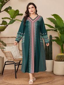Al Najma Robe à manches longues col V à imprimé géométrique et rayé, grande taille
