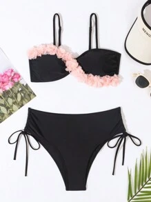 SHEIN Swim Ladies' Contrast Color & Frill Trim Bikini Set Summer Beach