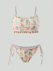 SHEIN Swim 夏季随机花卉印花打结侧比基尼套装 - 玫紅色 - 查看 3