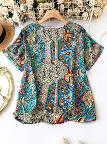 EMERY ROSE Plus Size Paisley Print Full Coverage V-Neck Blouse Western Wear, Summer