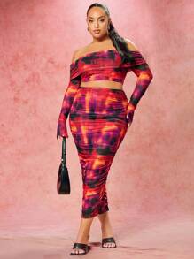 SHEIN BAE Valentine's Day Abstract Print Pleated One Shoulder Long Sleeve Top And Long Skirt Plus Size Two Piece Set - Multicolor - View 1