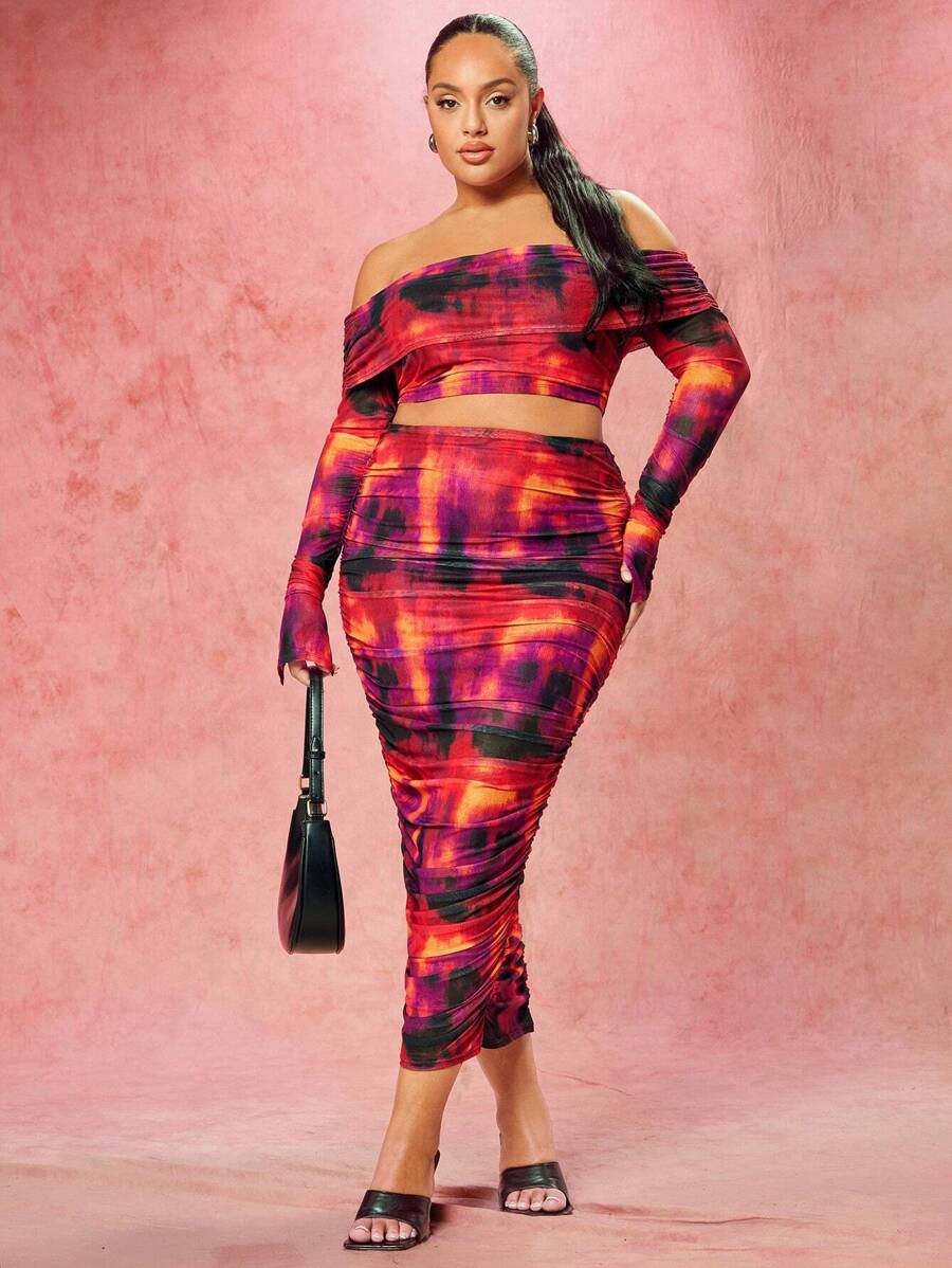 SHEIN BAE Valentine's Day Abstract Print Pleated One Shoulder Long Sleeve Top And Long Skirt Plus Size Two Piece Set - Multicolor - View 1