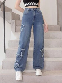 少女時尚星星貼片設計水洗牛仔直筒褲 - 中等水洗藍 - 查看 3