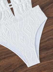 SHEIN Swim Đồ bơi liền thân hở lưng cổ yếm họa tiết đơn sắc dành cho nữ mùa hè - trắng - Xem 5