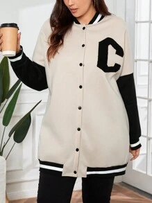 SHEIN EZwear 女士大尺碼字母拼接棒球外套 - 卡其色 - 查看 4