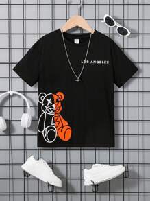 SHEIN Boys' Casual Comfortable Bear Pattern T-Shirt, Summer/Spring - Orange - View 1