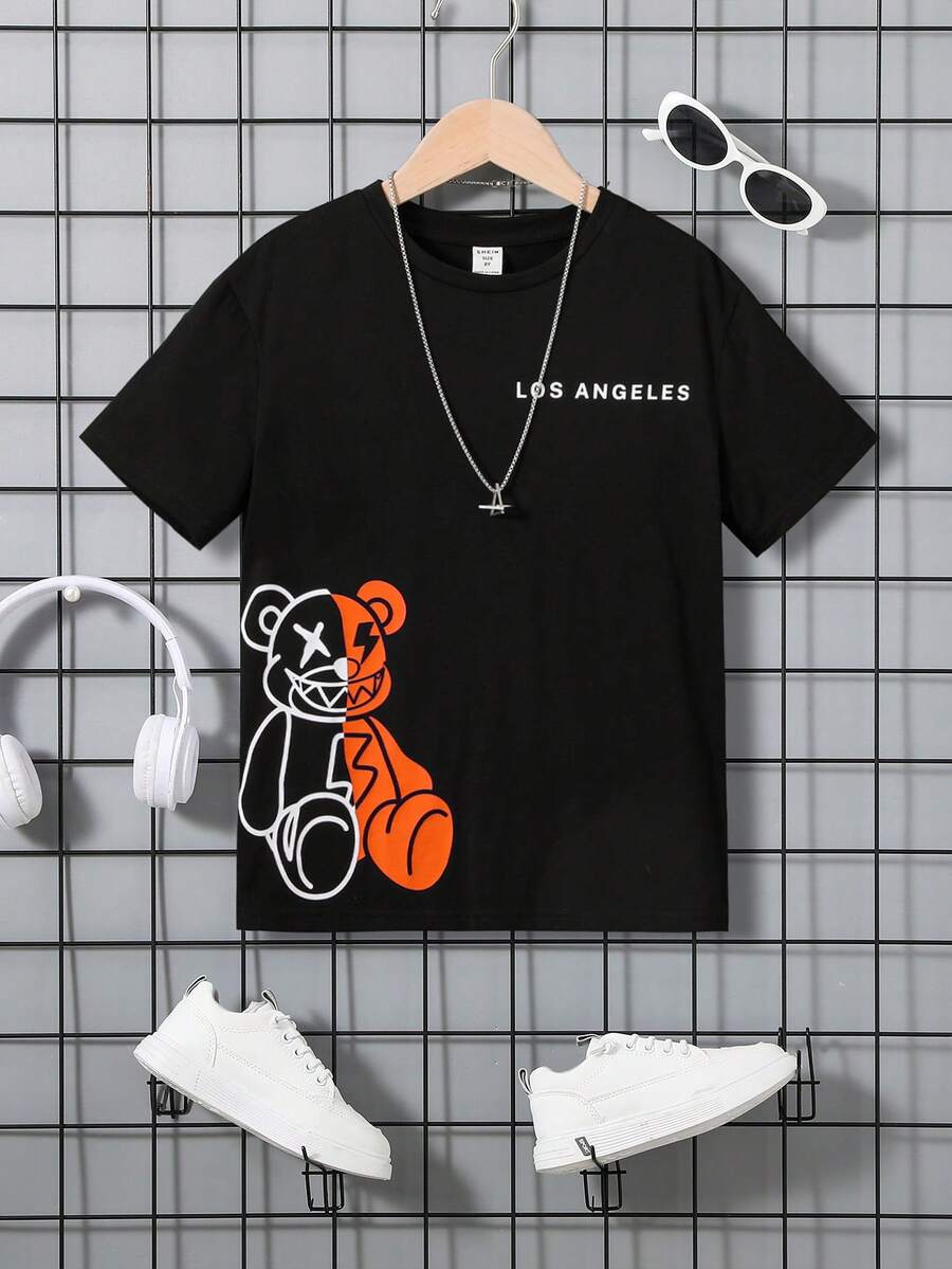 SHEIN Boys' Casual Comfortable Bear Pattern T-Shirt, Summer/Spring - Orange - View 1