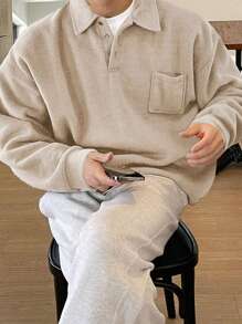 DAZY Men's Half Button Collarless Patch Pocket Sweatshirt Fall,Winter - Beige - View 4