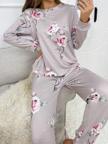Floral Printed Long Sleeve Top And Pants Pajama Set