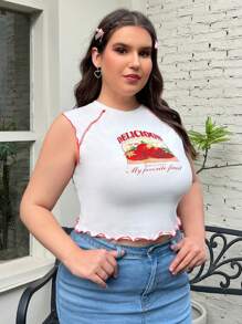 SHEIN EZwear 大尺碼女士草莓圖案蕾絲邊背心，適用於夏季 - 白色 - 查看 3
