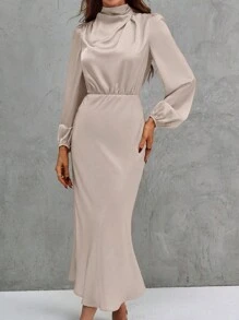 SHEIN Clasi Solid Mock Neck Lantern Sleeve Satin Dress - Pink - View 6