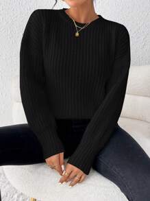 SHEIN Essnce 女款落肩長袖毛衣套頭衫 - 黑色 - 查看 4