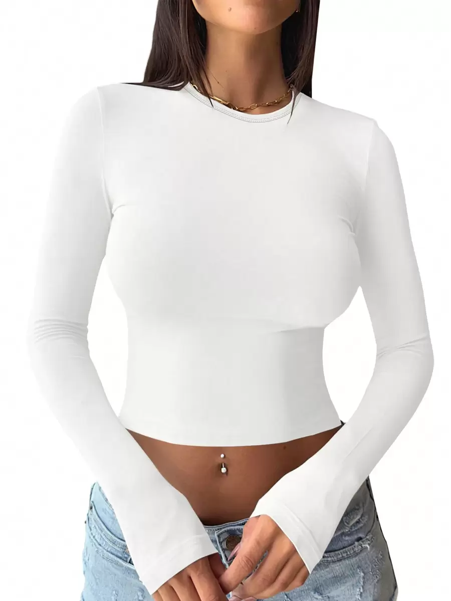 INAWLY Solid Round Neck Slim Fit Tee Fall Cloth For Women - White - View 1