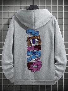Men Letter and Cartoon Graphic Drop Shoulder Hoodie - Grey - View 2