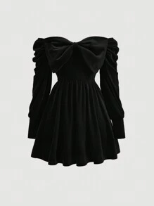 SHEIN MOD 露肩蝴蝶結裝飾洋裝 - 黑色 - 查看 1