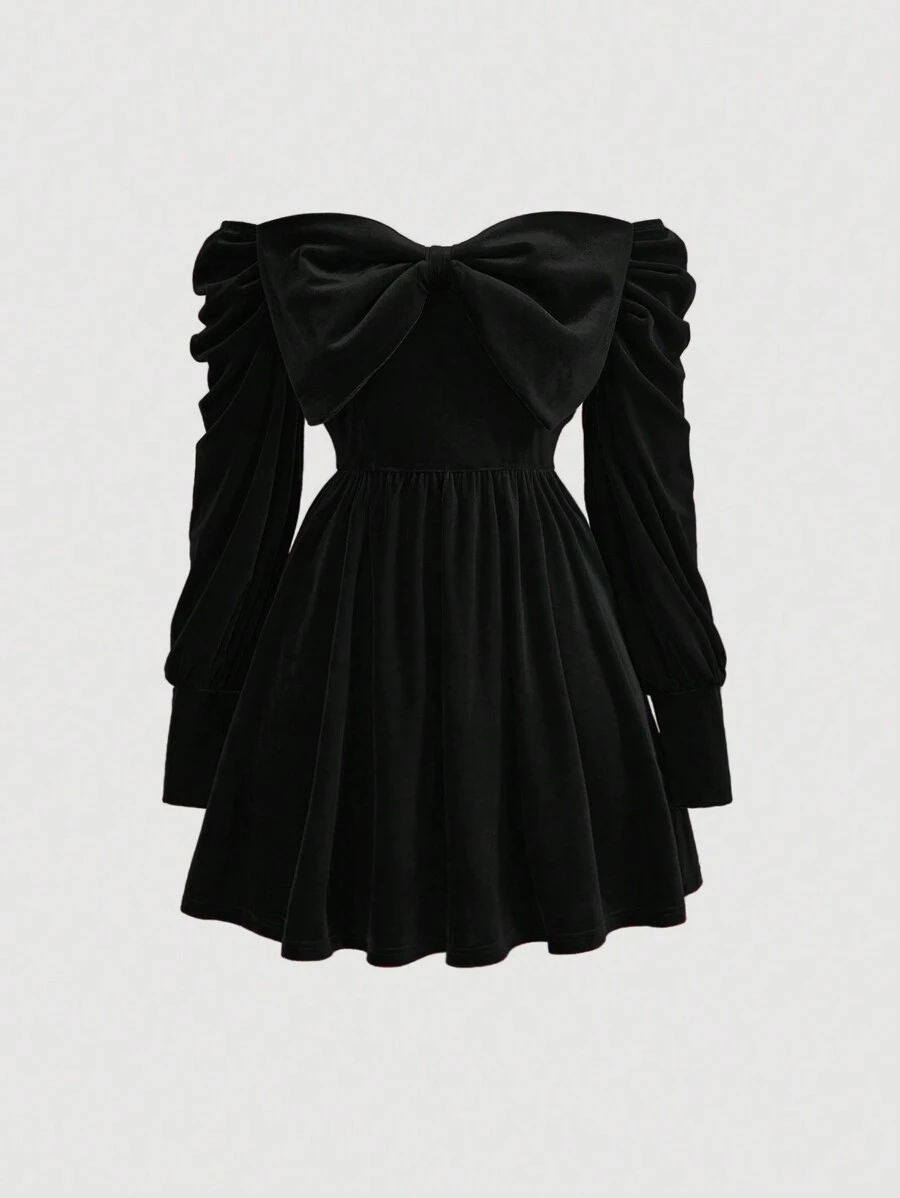 SHEIN MOD 露肩蝴蝶結裝飾洋裝 - 黑色 - 查看 1