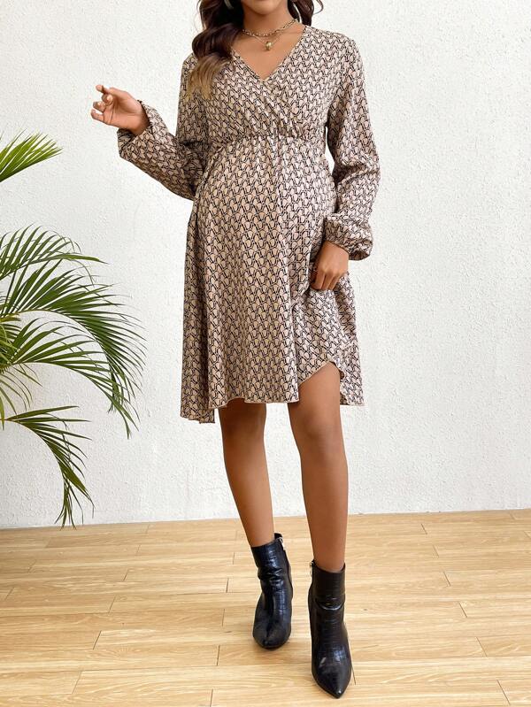 SHEIN Maternity Dress With Lantern Sleeves And Floral Print SHEIN