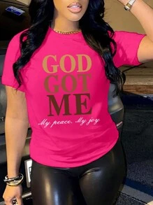 INAWLY 大码女式字母印花短袖 T 恤，GOD GOT ME My Peace My Joy 女式图案 T 恤，适合夏季 - 玫紅色 - 查看 1