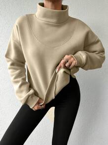 EURMUSE Solid Mock Neck Drop Shoulder Sweatshirt - Apricot - View 4
