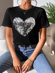 SHEIN Essnce 女式拼布亮片心形图案短袖 T 恤图案 T 恤女式上衣 - 黑色 - 查看 4