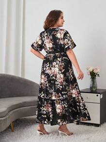 SHEIN VCAY Plus Floral Print Belted Summer Boho Dress,Beach Dress Sundress,Holiday Outfits - Black - View 2