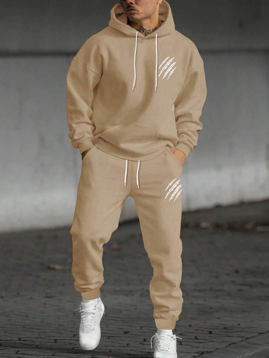 Manfinity Homme 男士印花连帽运动衫和运动裤套装（带抽绳），秋季服装 - 卡其色 - 查看 1