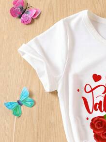 SHEIN Young Girl Rose & Heart Valentine's Day Slogan Print T-Shirt - White - View 4