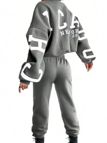 INAWLY Women's Letter Printed Drop Shoulder Long Sleeve Sweatshirt And Jogger Pants Set