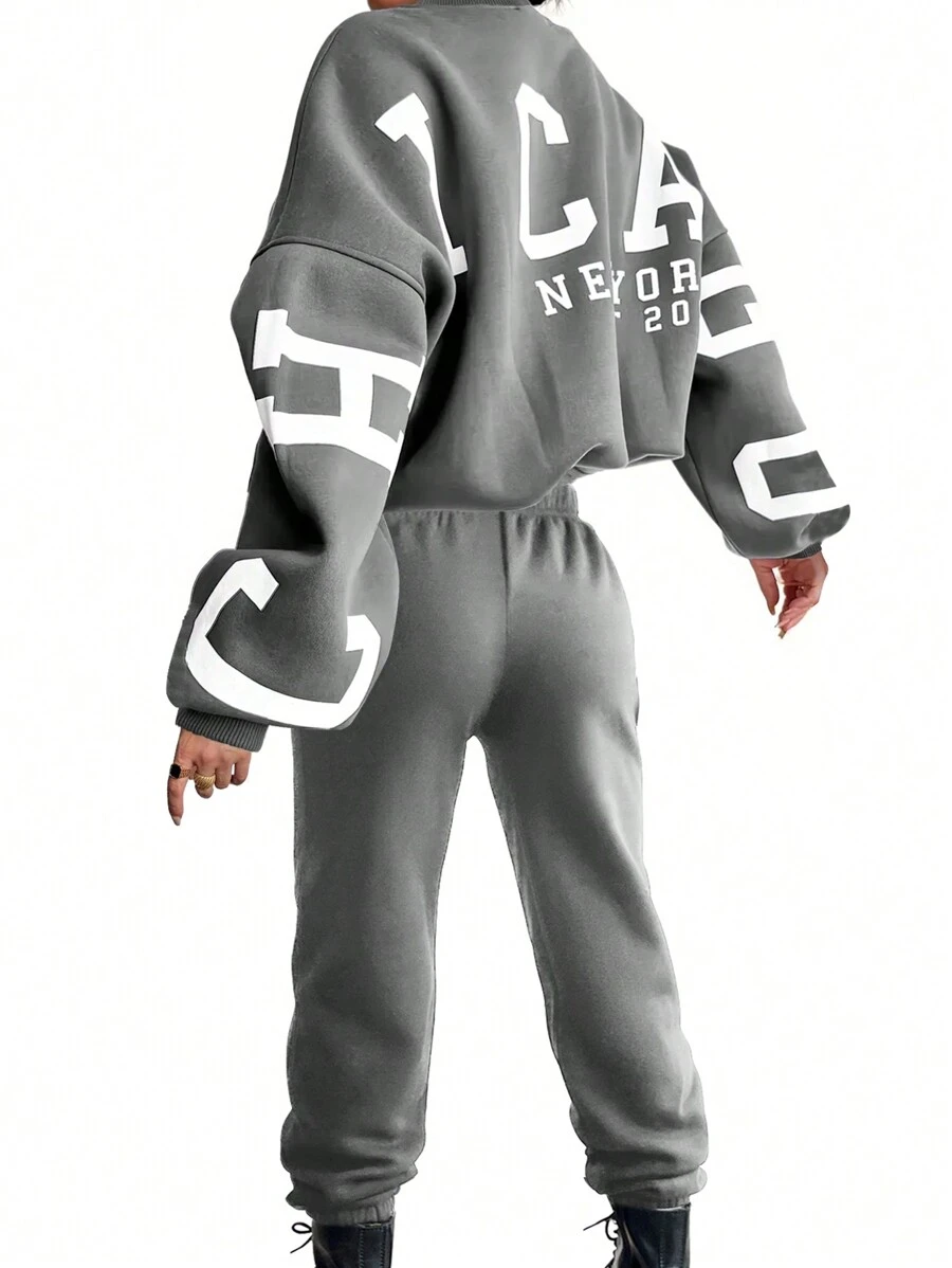 INAWLY Women's Letter Printed Drop Shoulder Long Sleeve Sweatshirt And Jogger Pants Set