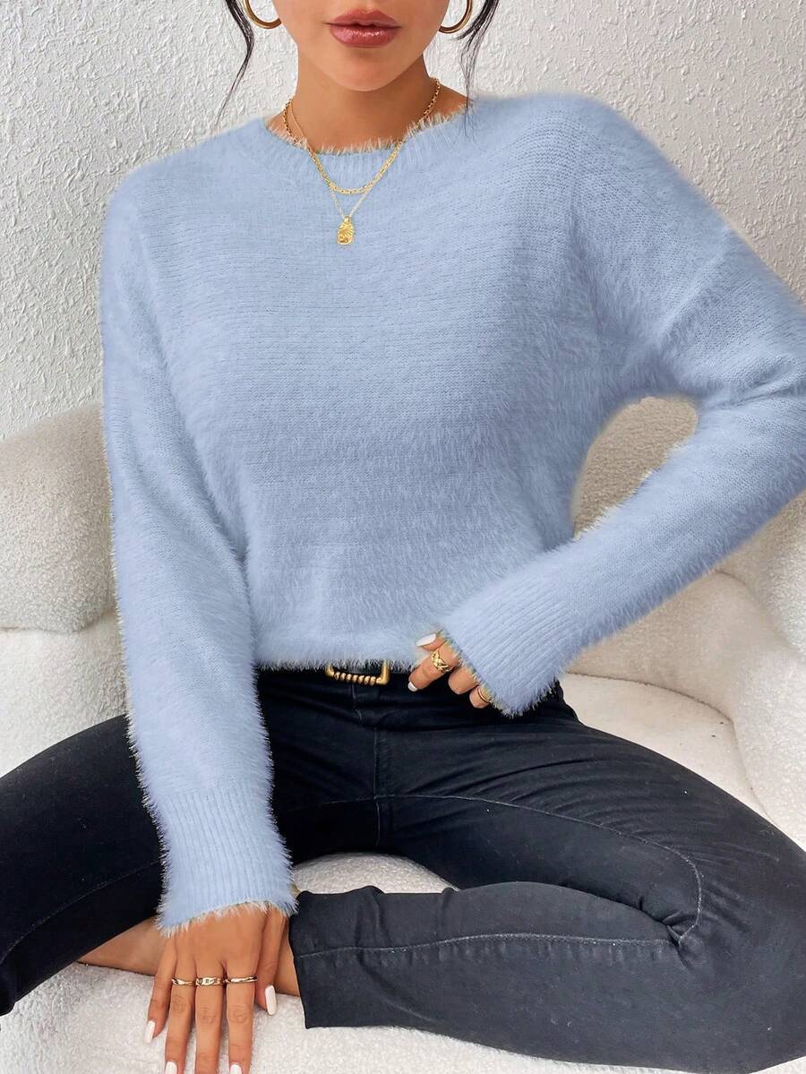 SHEIN Essnce 女款落肩長袖毛衣套頭衫 - 淺藍色 - 查看 1